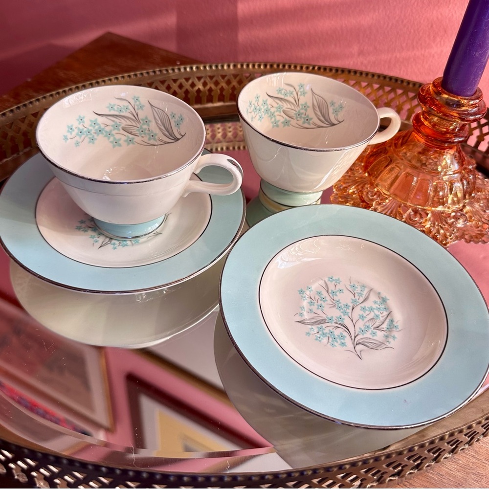 Set of 2 1950's Sevron Blue Lace Footed Teacup and Saucer Mid-Century Set
